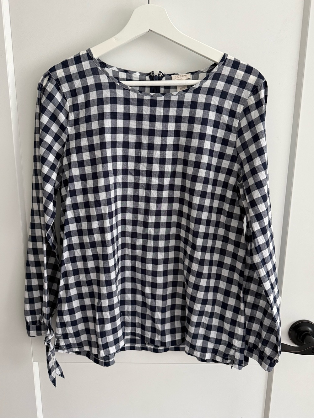 J. Crew Navy and White Gingham Lightweight Cold Shoulder Top
